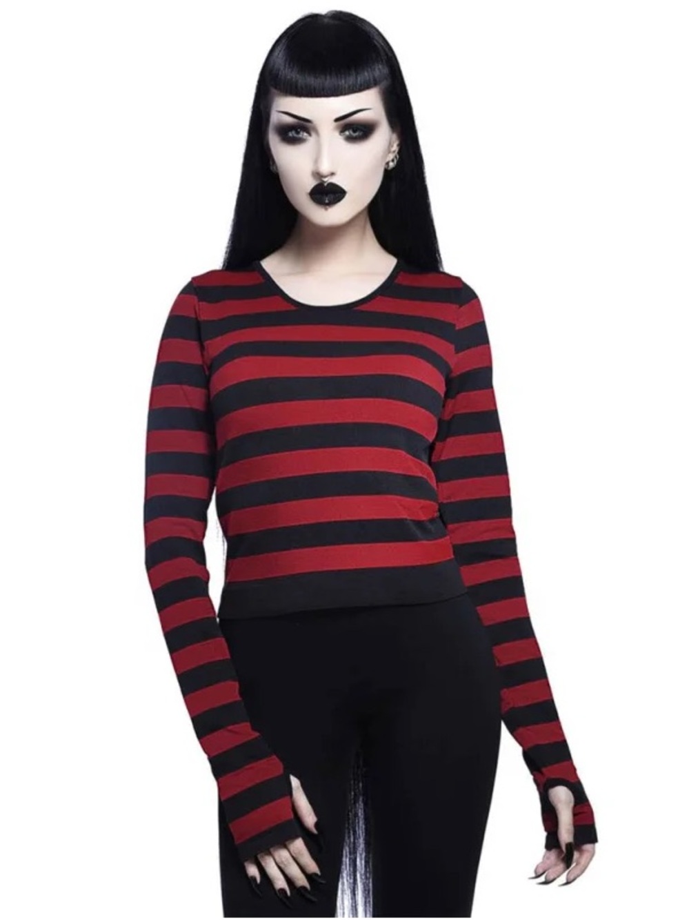 Killstar: Red & Black Striped Cropped Knit Long Sleeve Scoop Neck Top M/L